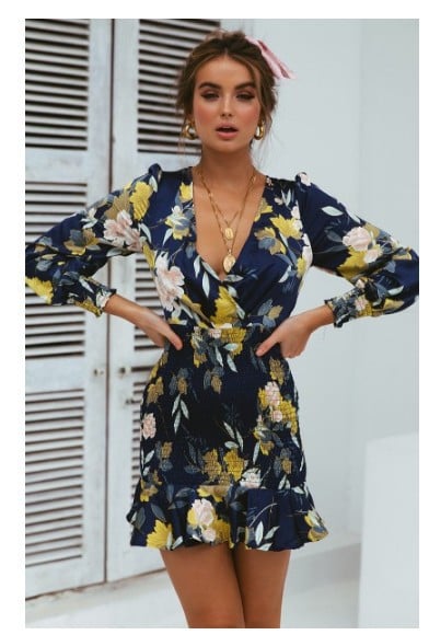 Printed V-Neck Dress with Cross Elastic Waist