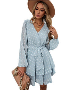 Deep V Neck Elastic Waist Dress with Mesh Panels