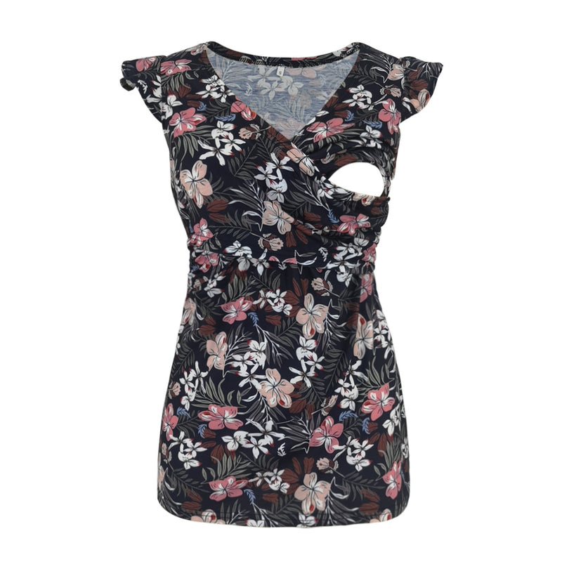 Printed Maternity Dress with Deep V Neck for Nursing