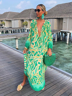 Women's Retro Printed Maxi Dress with Deep V Neck